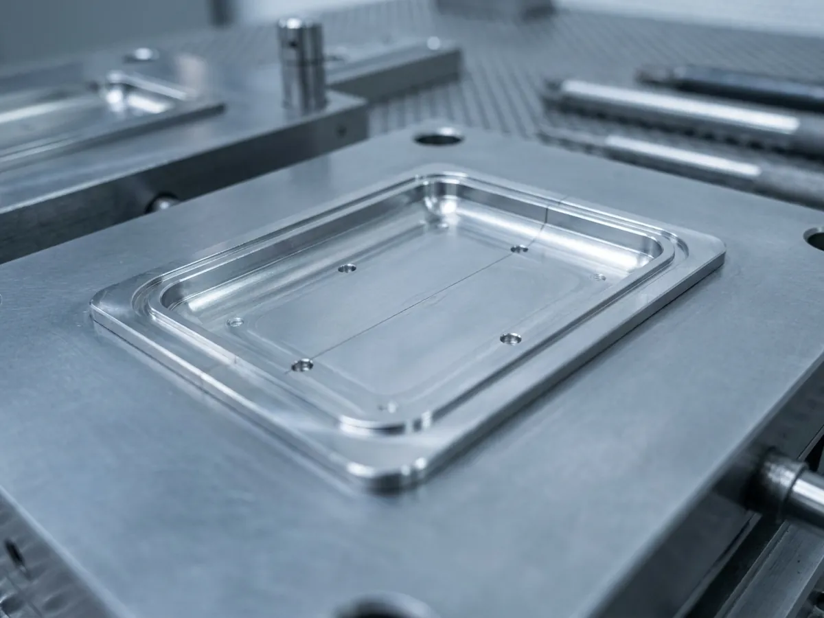 Close up of a highly detailed, precision metal mold used in manufacturing souvenir magnets.