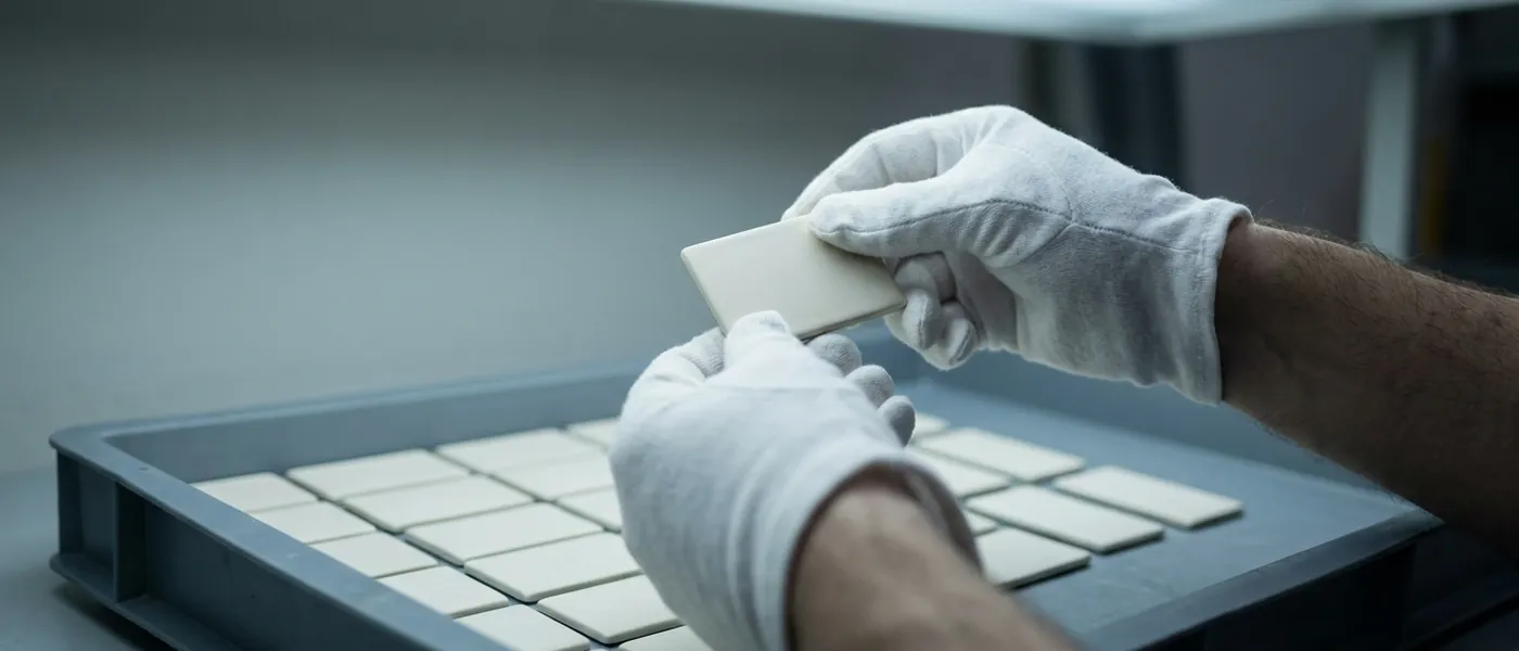 A quality control engineer inspecting a tray of perfectly uniform, highly detailed souvenir magnets.