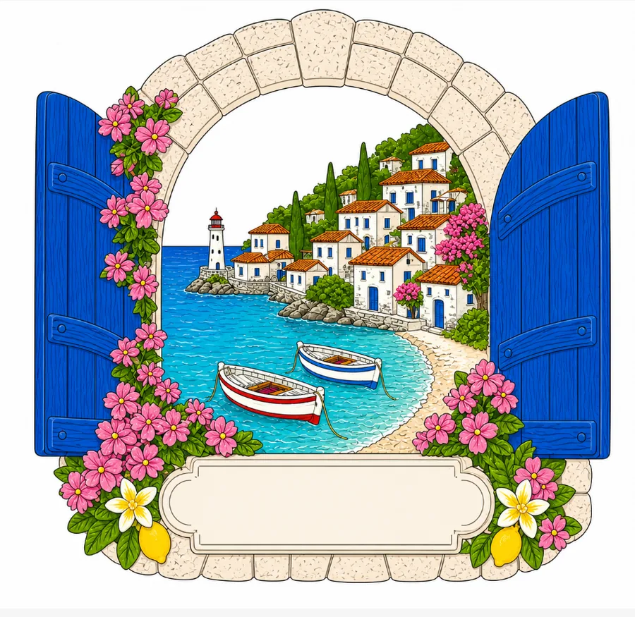 Resin souvenir magnet of a blue-shuttered window over a harbour, with a blank banner for a destination name.