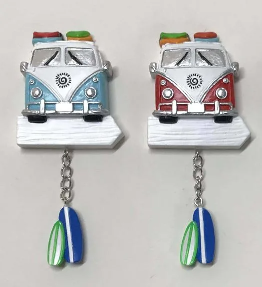 Resin souvenir magnet of a camper van with a hanging surfboard charm, shown in two colourways.