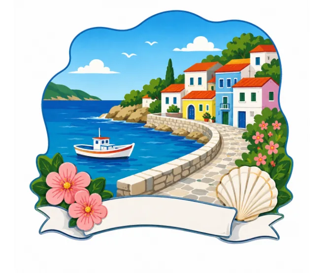 3D resin souvenir magnet of a coastal village with a blank scroll banner left open for a destination name.