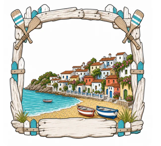 Resin souvenir magnet shaped as a driftwood and oar frame around a beach and village view.