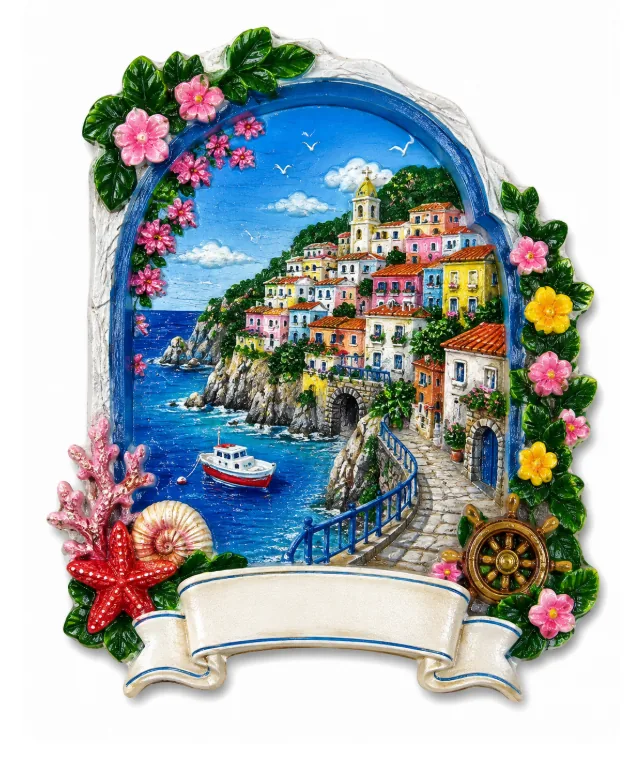 Resin souvenir magnet of a flowered arch above a harbour, with a blank scroll banner for destination text.