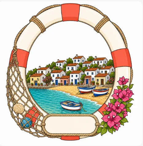 Lifebuoy-shaped resin souvenir magnet framing a harbour scene, with a blank centre panel for destination text.