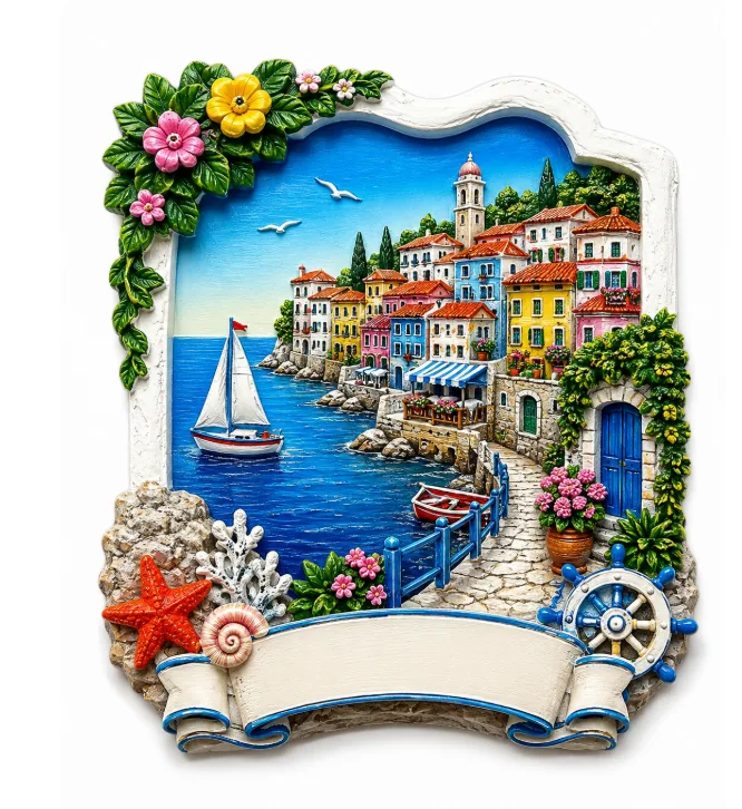 Resin souvenir magnet of a sailboat bay and old town, with an unprinted scroll banner across the base.
