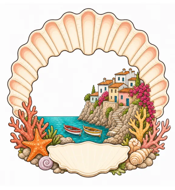 Scallop shell resin souvenir magnet framing a reef and cove scene, with a blank banner below.