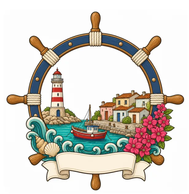 Ship-wheel resin souvenir magnet around a lighthouse harbour, with a blank ribbon for a destination name.