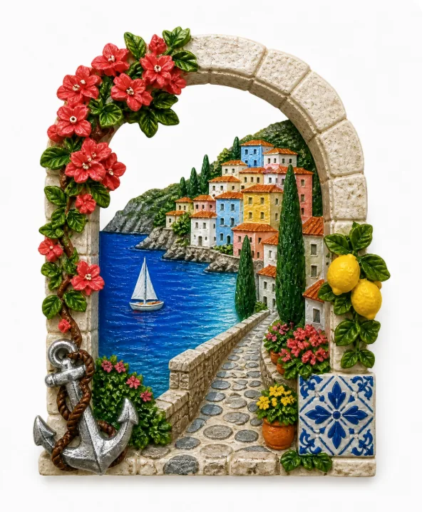 Resin souvenir magnet shaped as a stone arch with bougainvillea opening onto a harbour view.