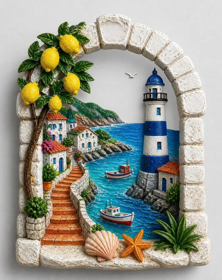 Resin souvenir magnet of a stone archway with lemon trees above a stepped coastal path.