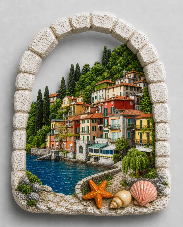 Resin souvenir magnet shaped as a stone window looking over a hillside harbour.