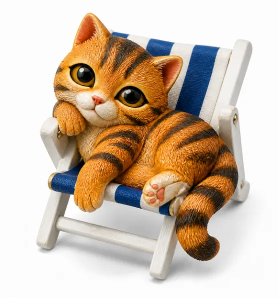 Hand-painted resin souvenir magnet of a tabby cat lying in a striped deckchair.