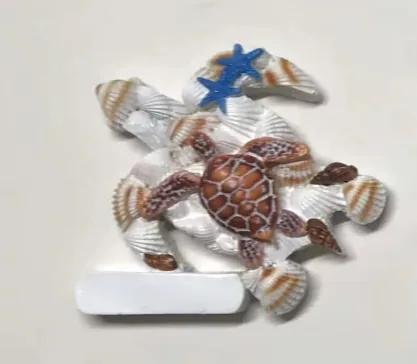 Resin souvenir magnet of a sea turtle in a cluster of shells and starfish with a blank name plate.