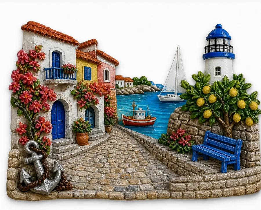 Resin souvenir magnet of a village doorway and lane with an anchor and flowering vines.