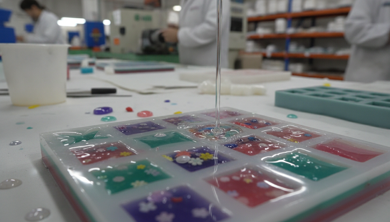 Resin pouring into silicone molds for custom souvenir magnets