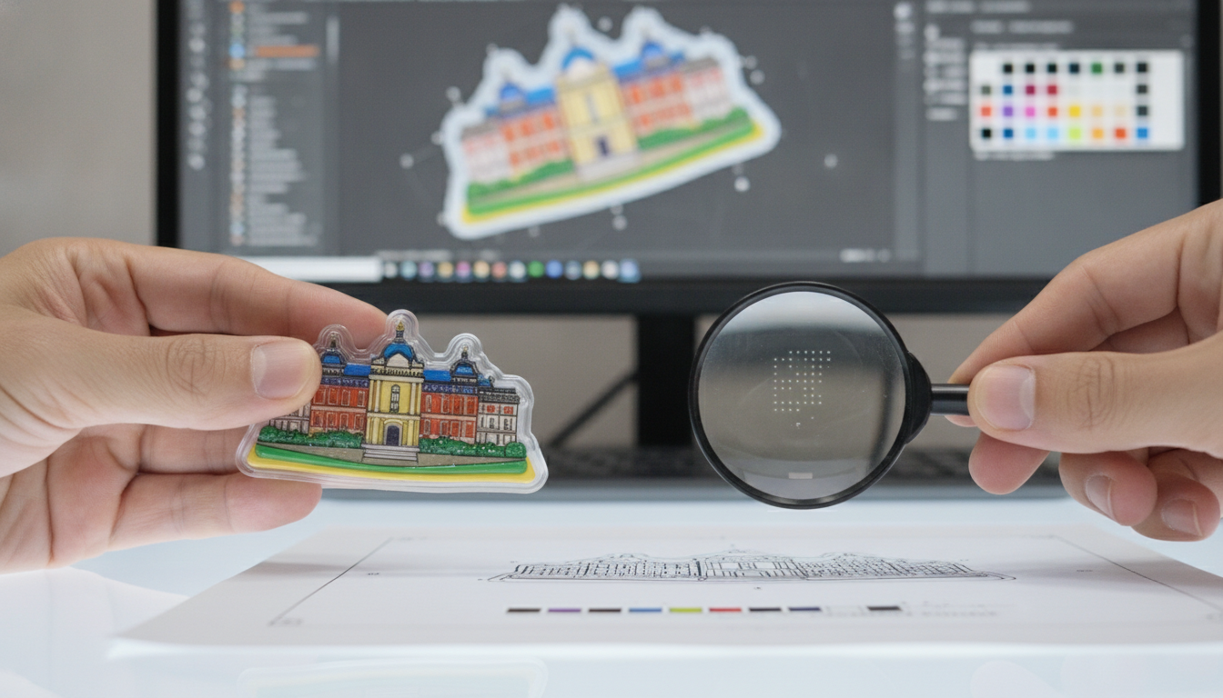 Designer comparing physical magnet sample to design proof artwork