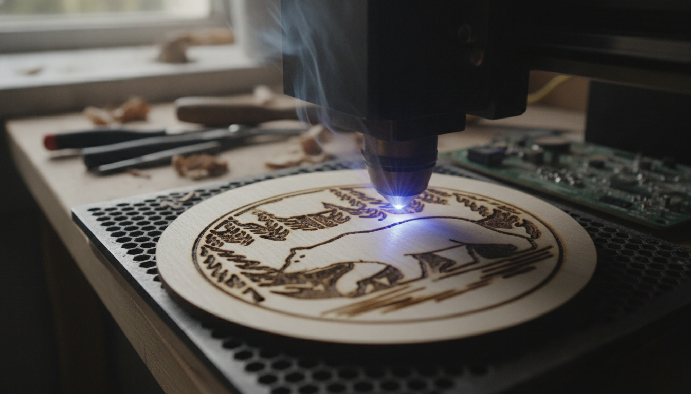 laser engraving detail on wooden fridge magnets in production