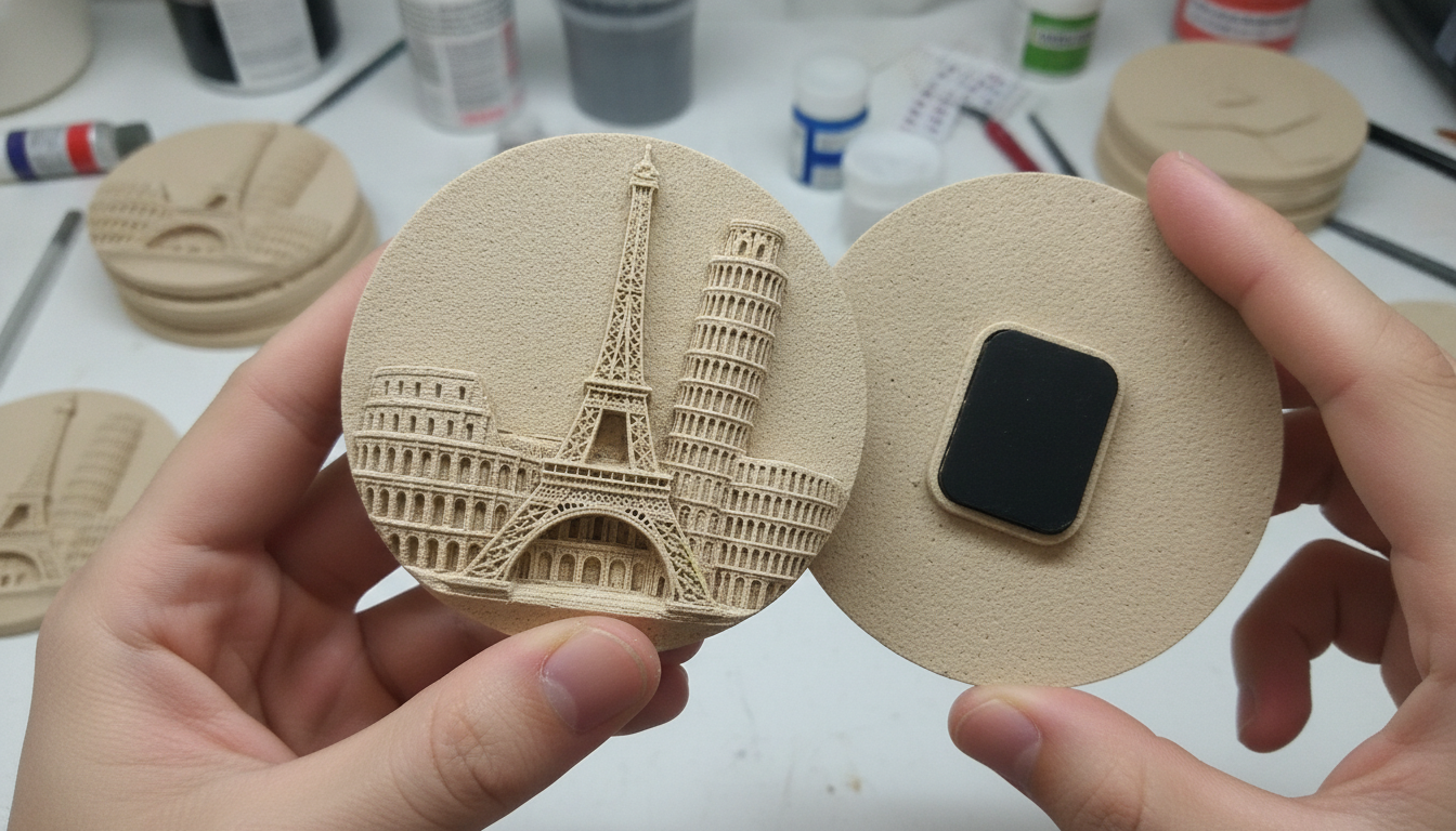 Close-up of 3D resin souvenir magnet showing detailed landmark relief