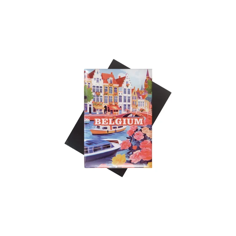 Flat epoxy-domed souvenir magnet printed with a Belgium canal scene, shown with the magnet backing sheet behind it | Magnista