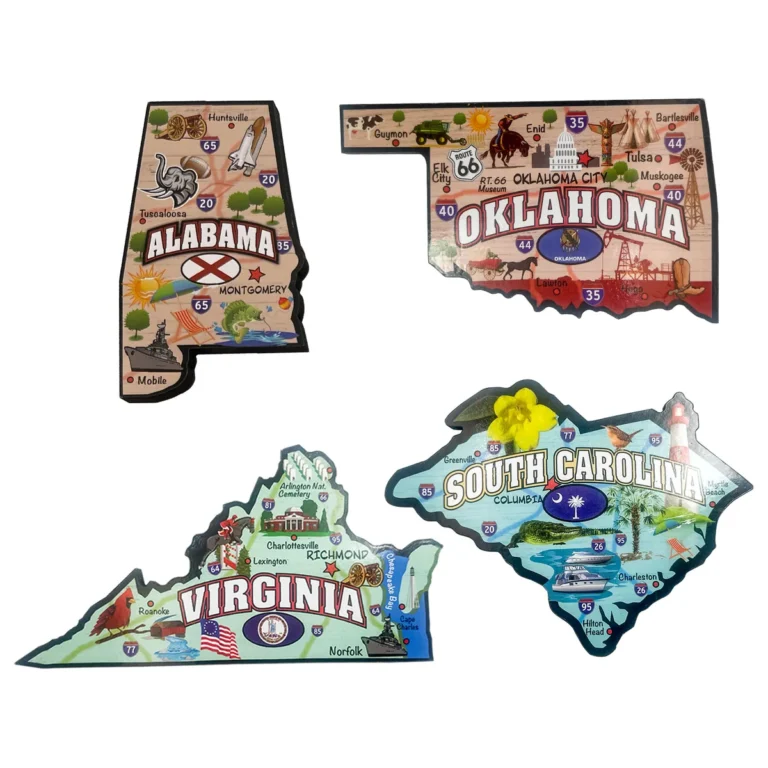 Four laser-cut wood state-shaped souvenir magnets in one range — Alabama, Oklahoma, Virginia and South Carolina | Magnista