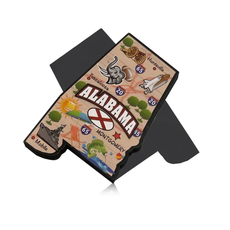 Laser-cut Alabama wood souvenir magnet angled to show the board thickness and the magnet sheet behind it | Magnista