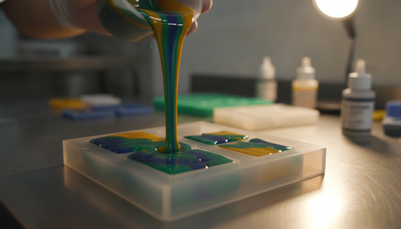 Resin pouring into multi-layer mold for 3D relief magnet