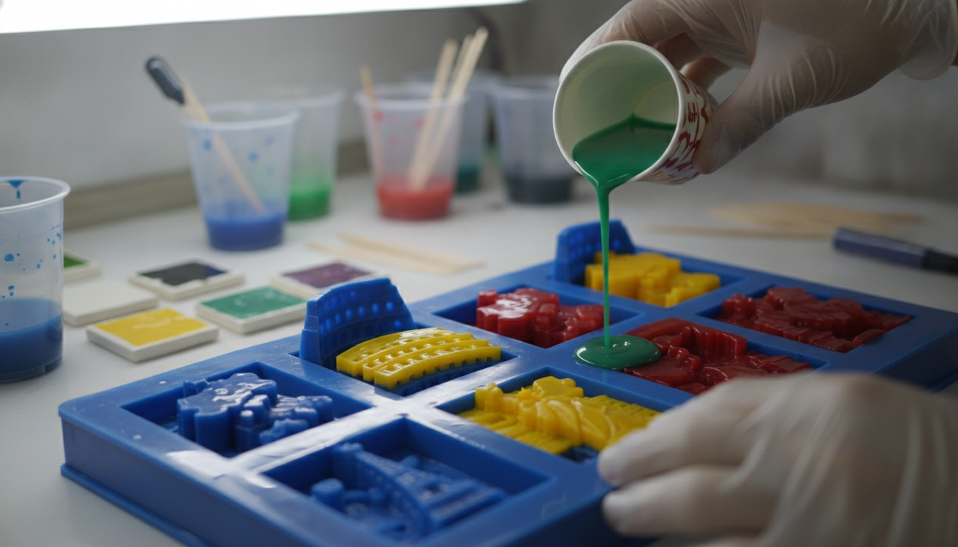 Worker pouring colored resin into silicone mold for custom magnets