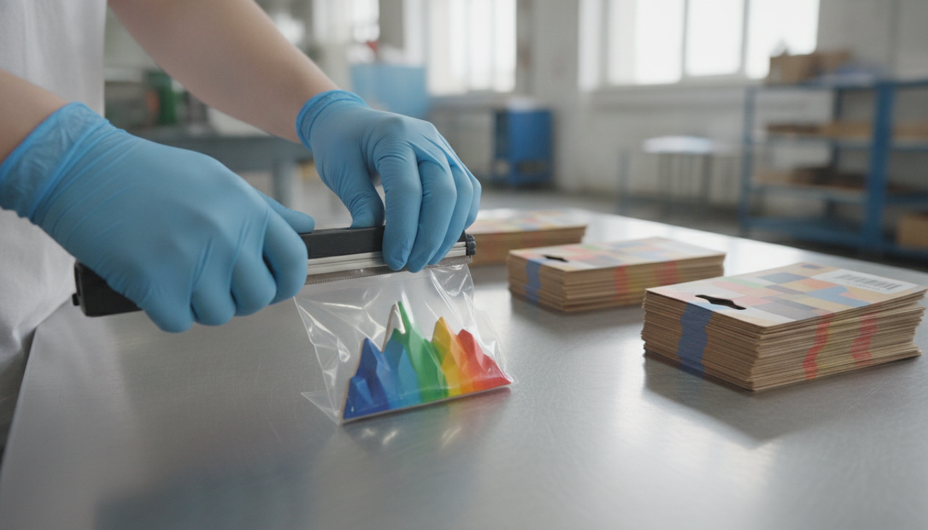 Worker sealing souvenir magnet in polybag with backing card