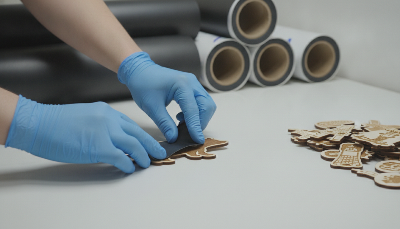 Applying magnetic sheet backing to wooden souvenir magnets in production