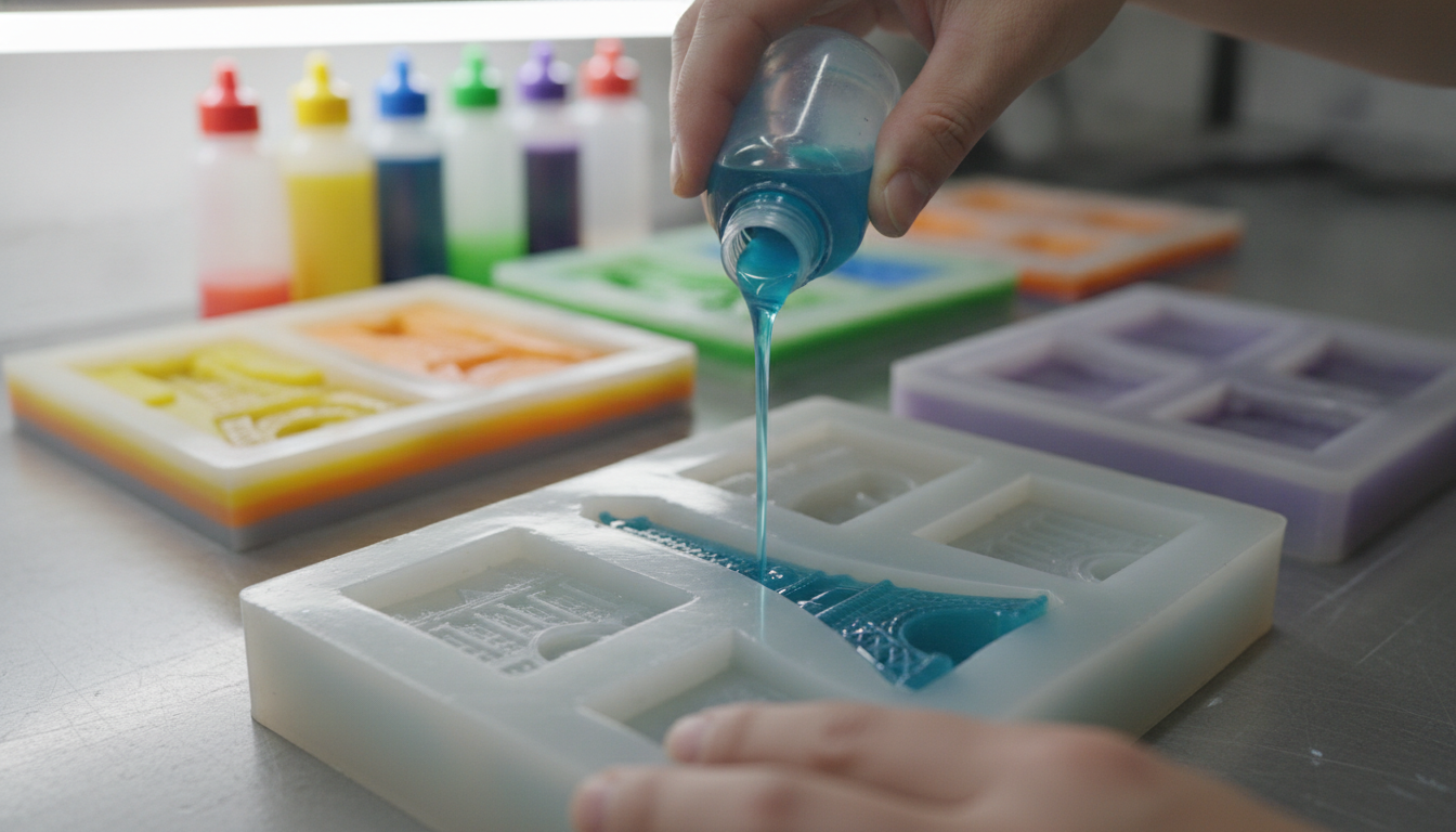 Pouring colored resin layers for 3D souvenir magnet color consistency