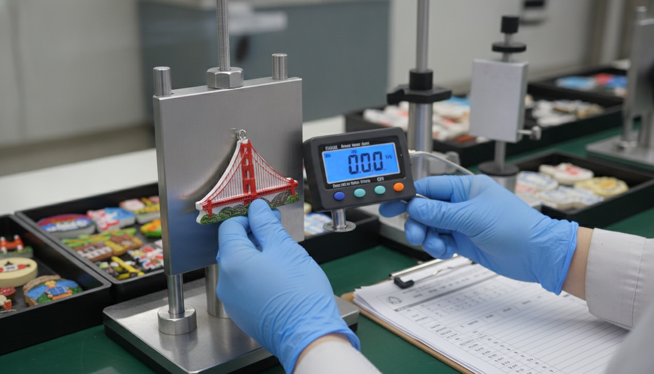 Magnet retention pull-test on resin souvenir fridge magnet