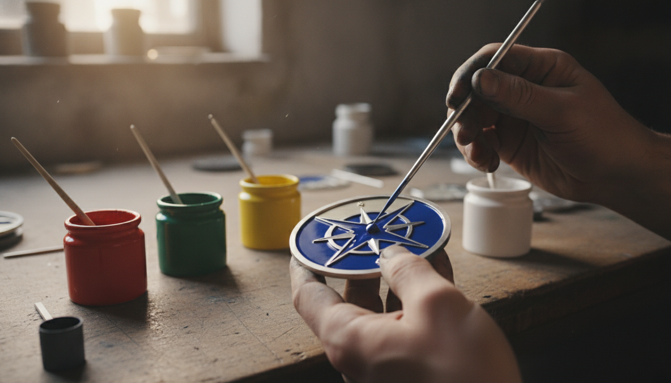 Worker applying enamel paint to recessed areas of metal magnet blank